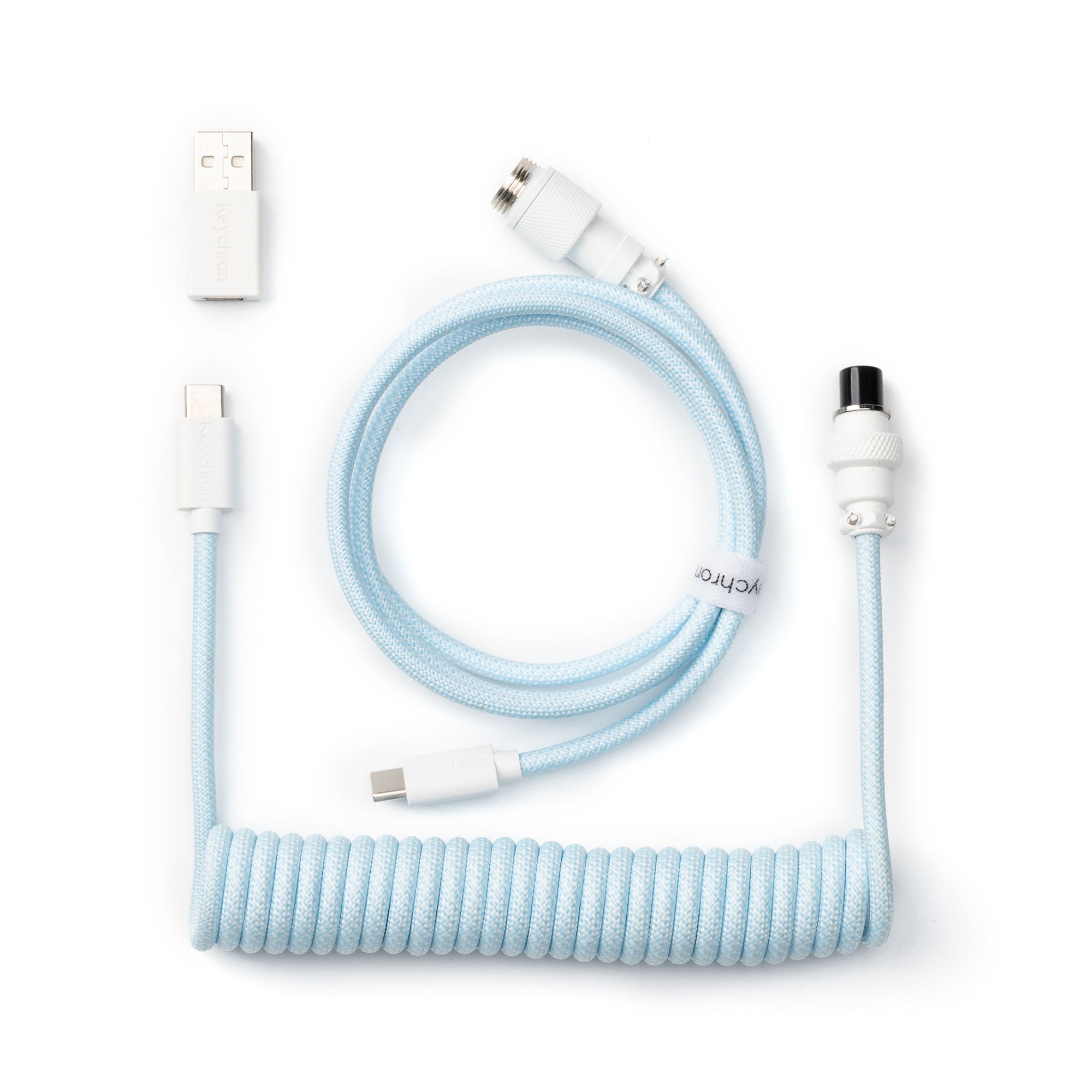 Keychron custom coiled aviator USB Type-C cable 8K version with straight connector for keyboards Light Blue color