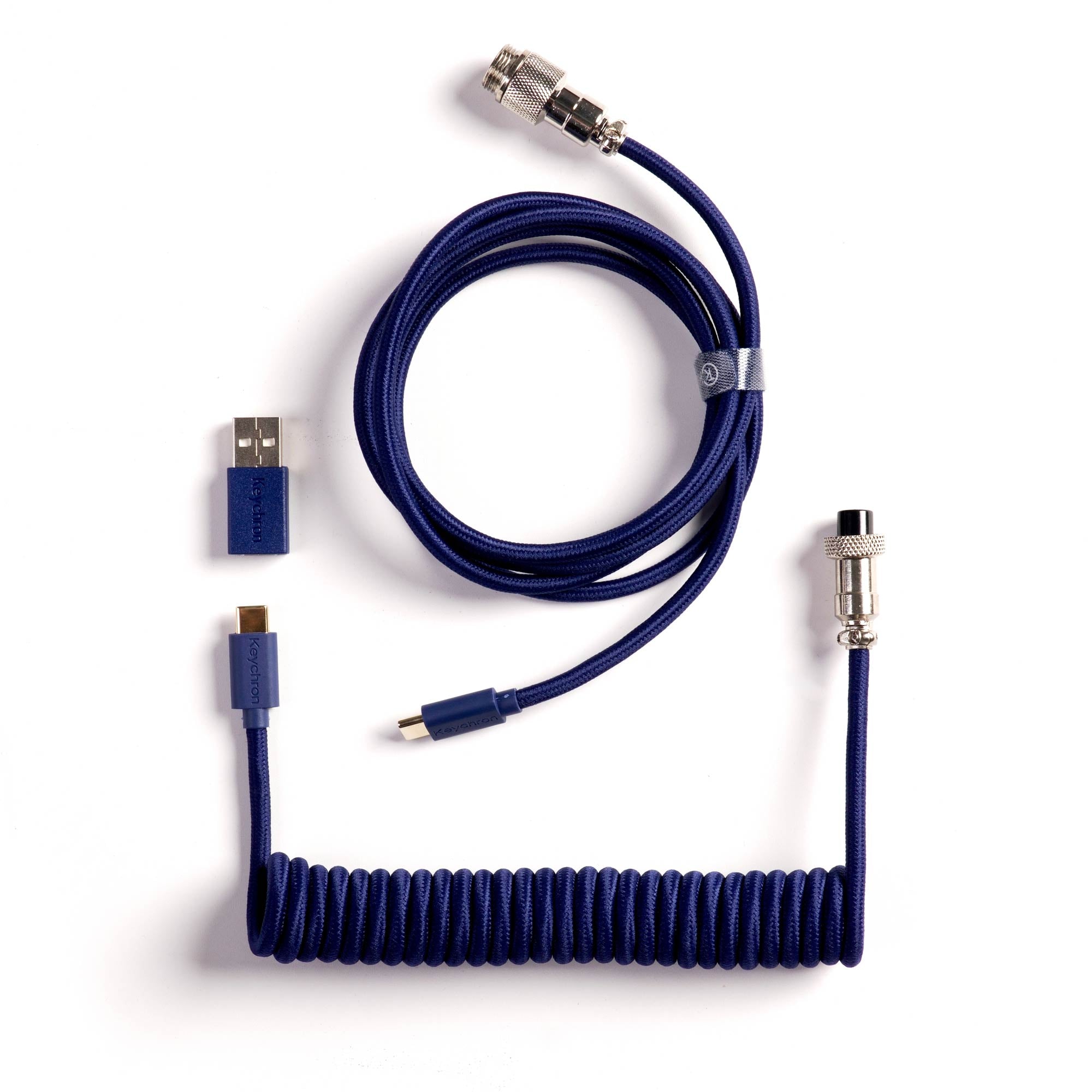 Keychron custom coiled aviator USB Type-C cable 8K version with straight connector for keyboards Blue color